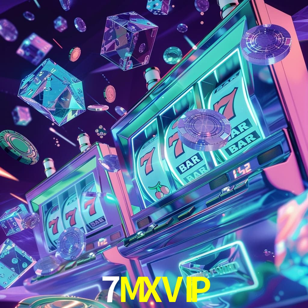 Escena dinámica inspirada en casino con iluminación 7MXVIP, cartas, fichas e íconos de juegos digitales en un espacio moderno de juegos.