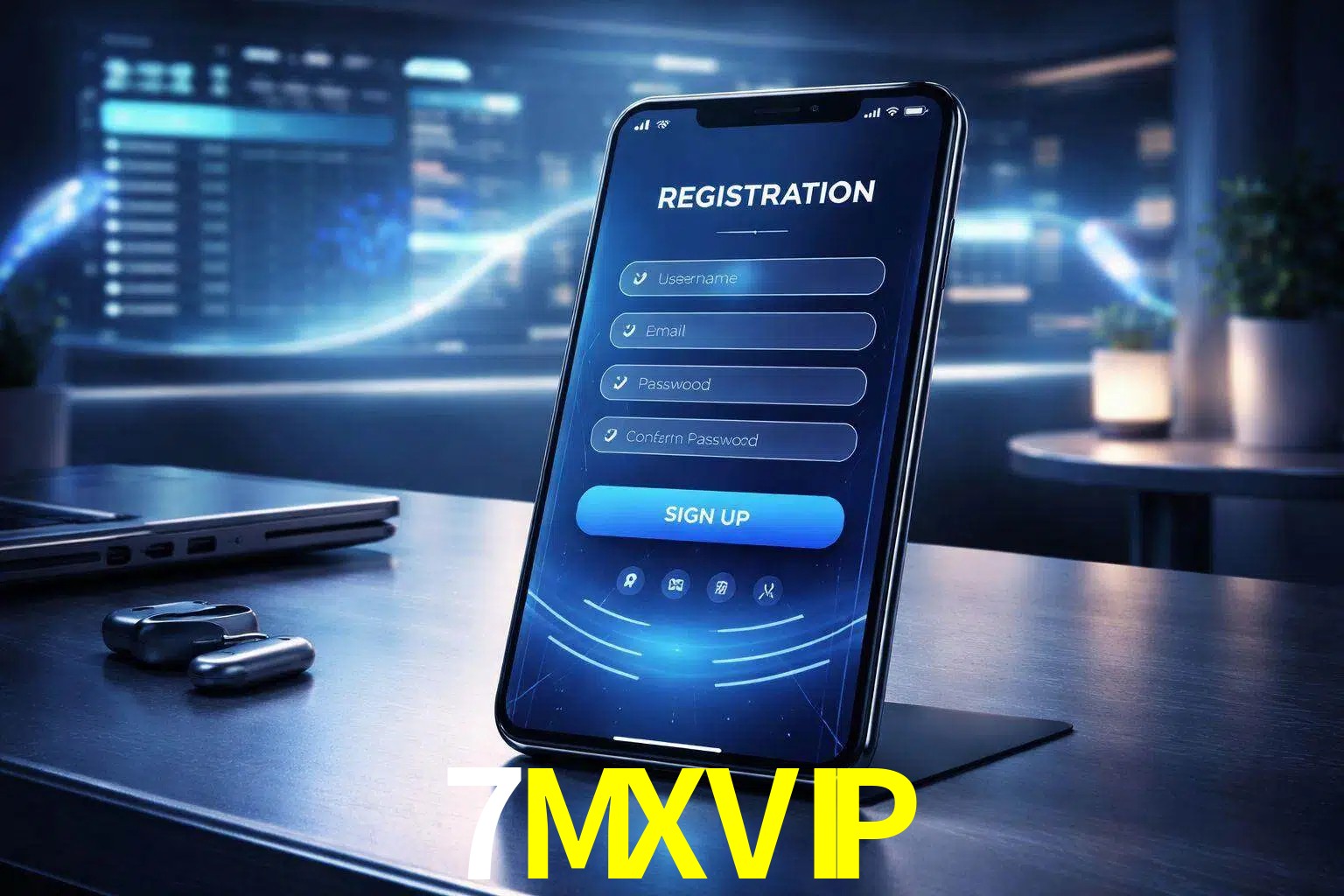 Una interfaz moderna de registro móvil para 7MXVIP mostrada en un smartphone con un panel de apuestas elegante.